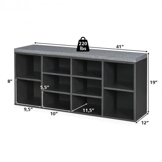 10-Cube Organizer  Entryway Padded Shoe Storage Bench-Gray