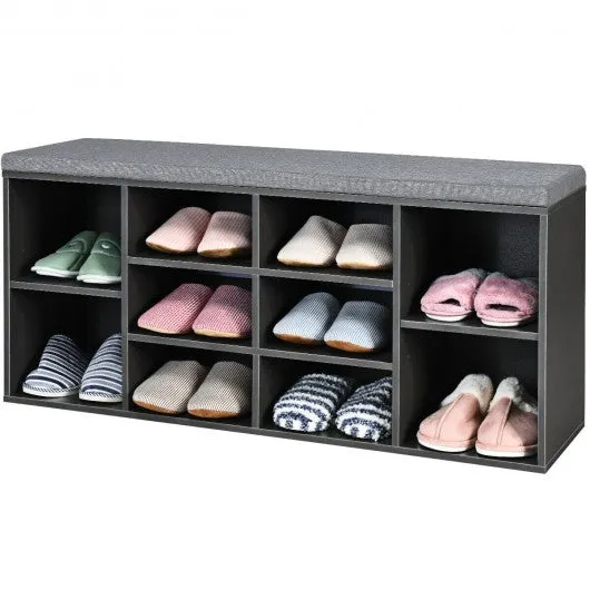 10-Cube Organizer  Entryway Padded Shoe Storage Bench-Gray