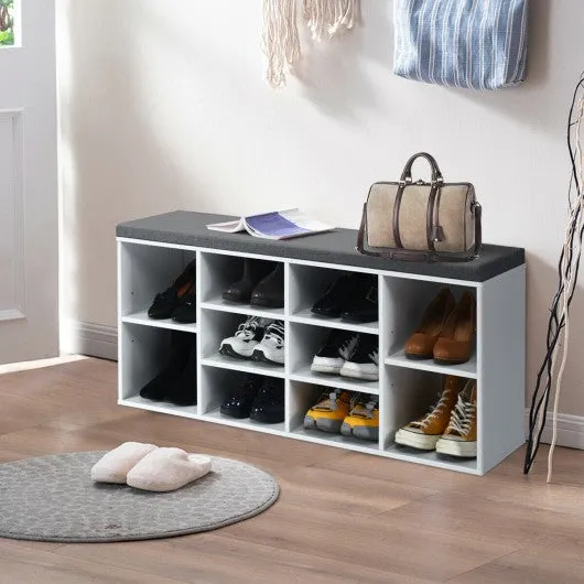 10-Cube Organizer  Entryway Padded Shoe Storage Bench-White