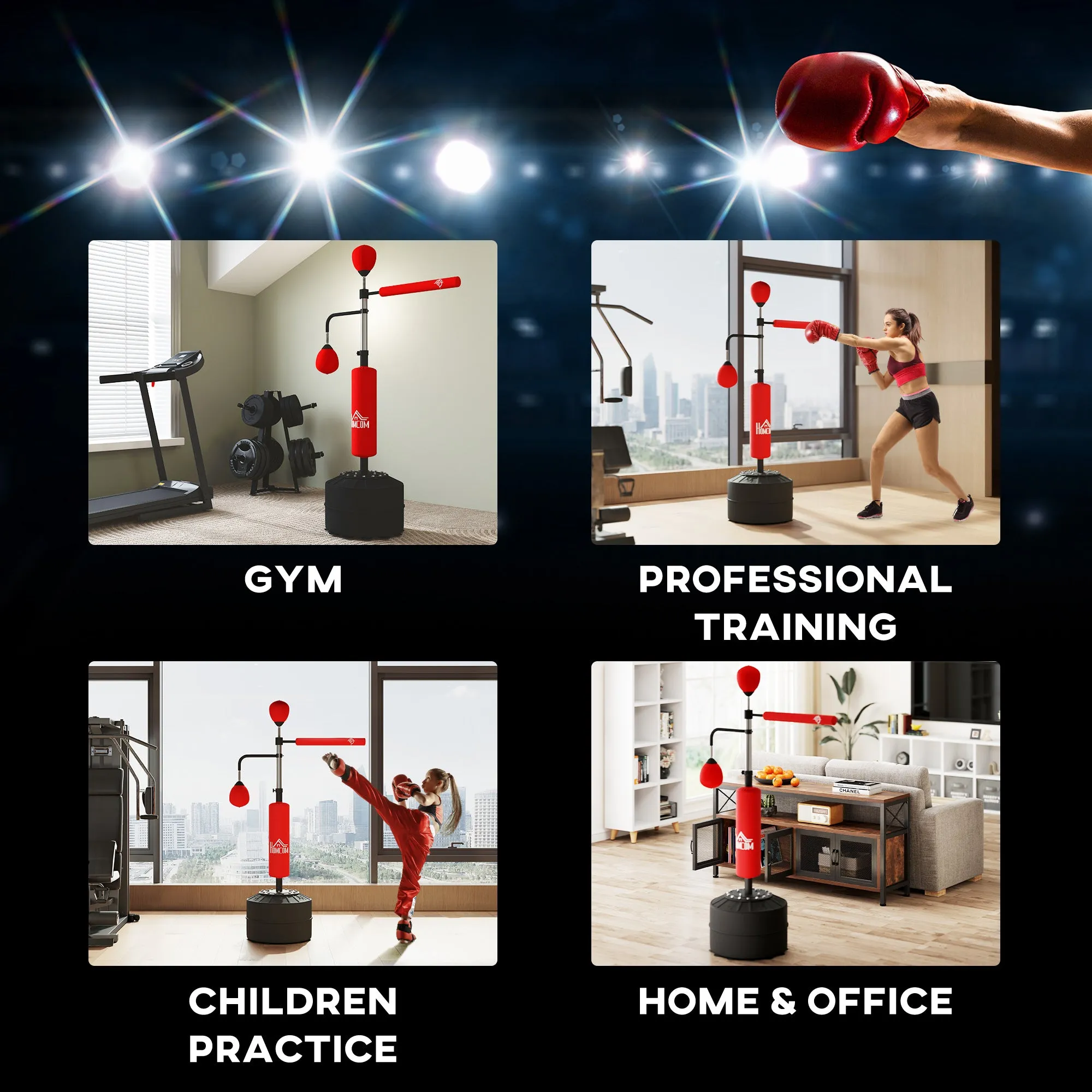 3-in-1 Boxing Punching Bag Free Standing with 2 Speed Balls, 360° Relax Bar, PU-Wrapped Boxing Bag and Fillable Base, 160-230cm Adjustable Height, Red