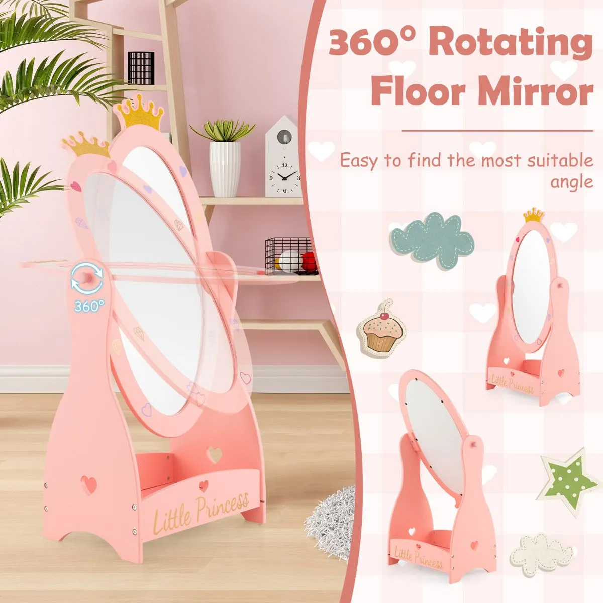 360 Degree Rotatable Free Standing Full Length Mirror for Kids