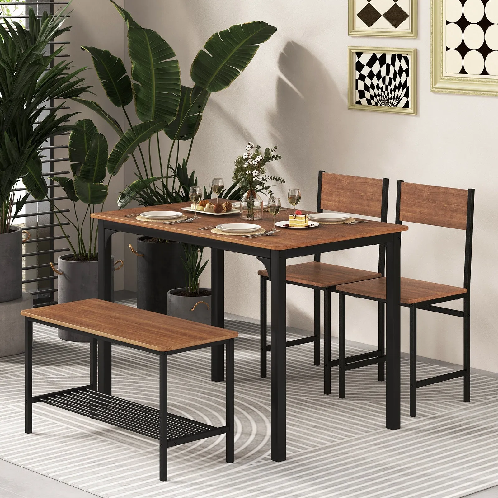 4-Piece Dining Table Set with Storage Shelf and Metal Frame-Brown