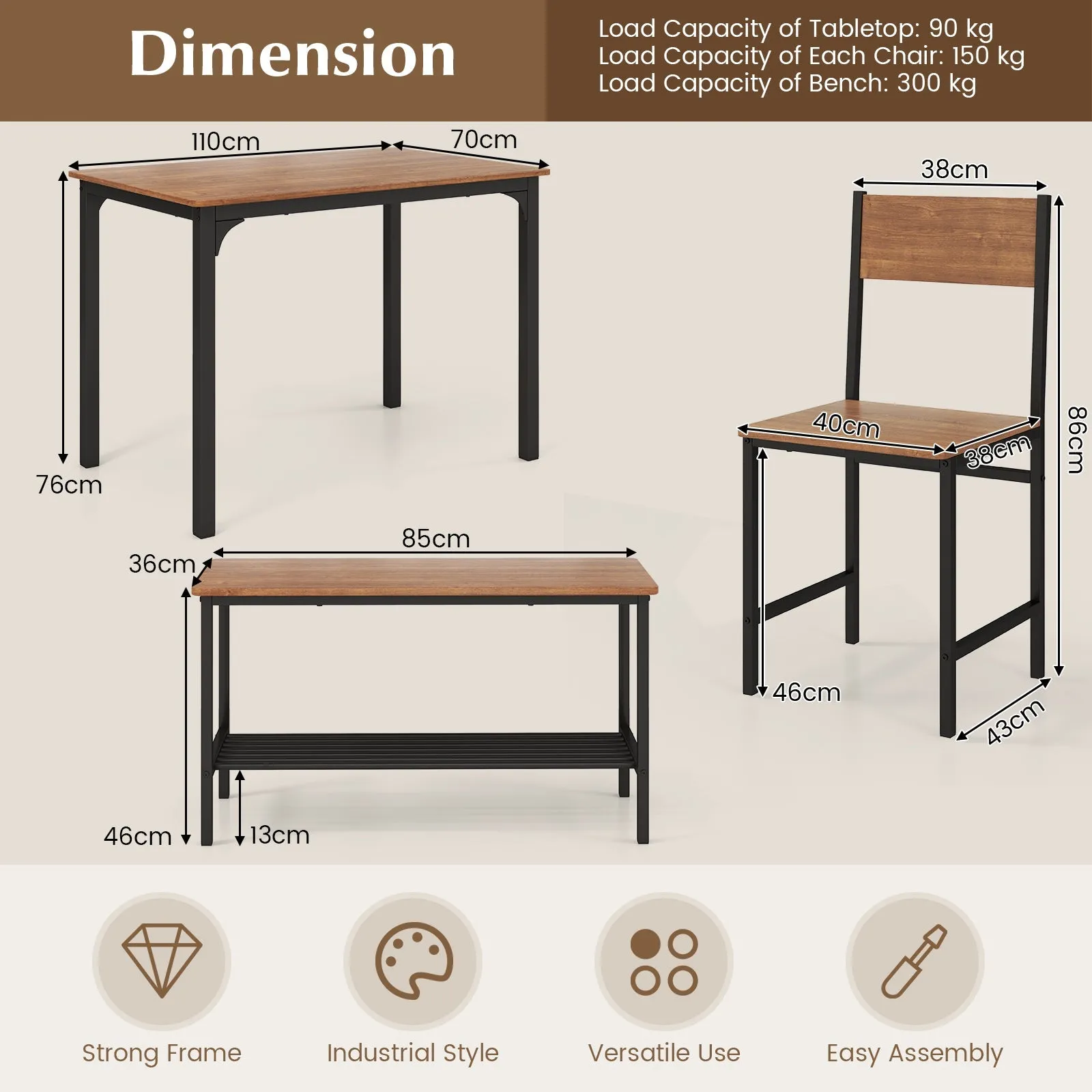 4-Piece Dining Table Set with Storage Shelf and Metal Frame-Brown