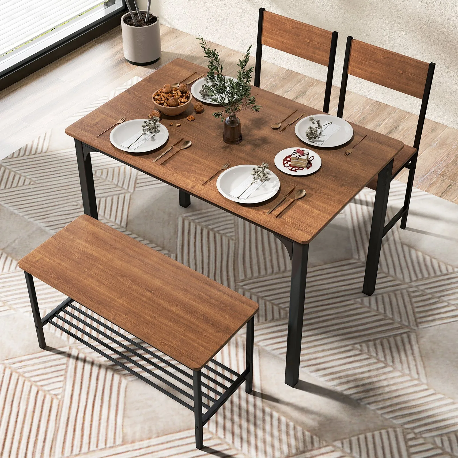 4-Piece Dining Table Set with Storage Shelf and Metal Frame-Brown