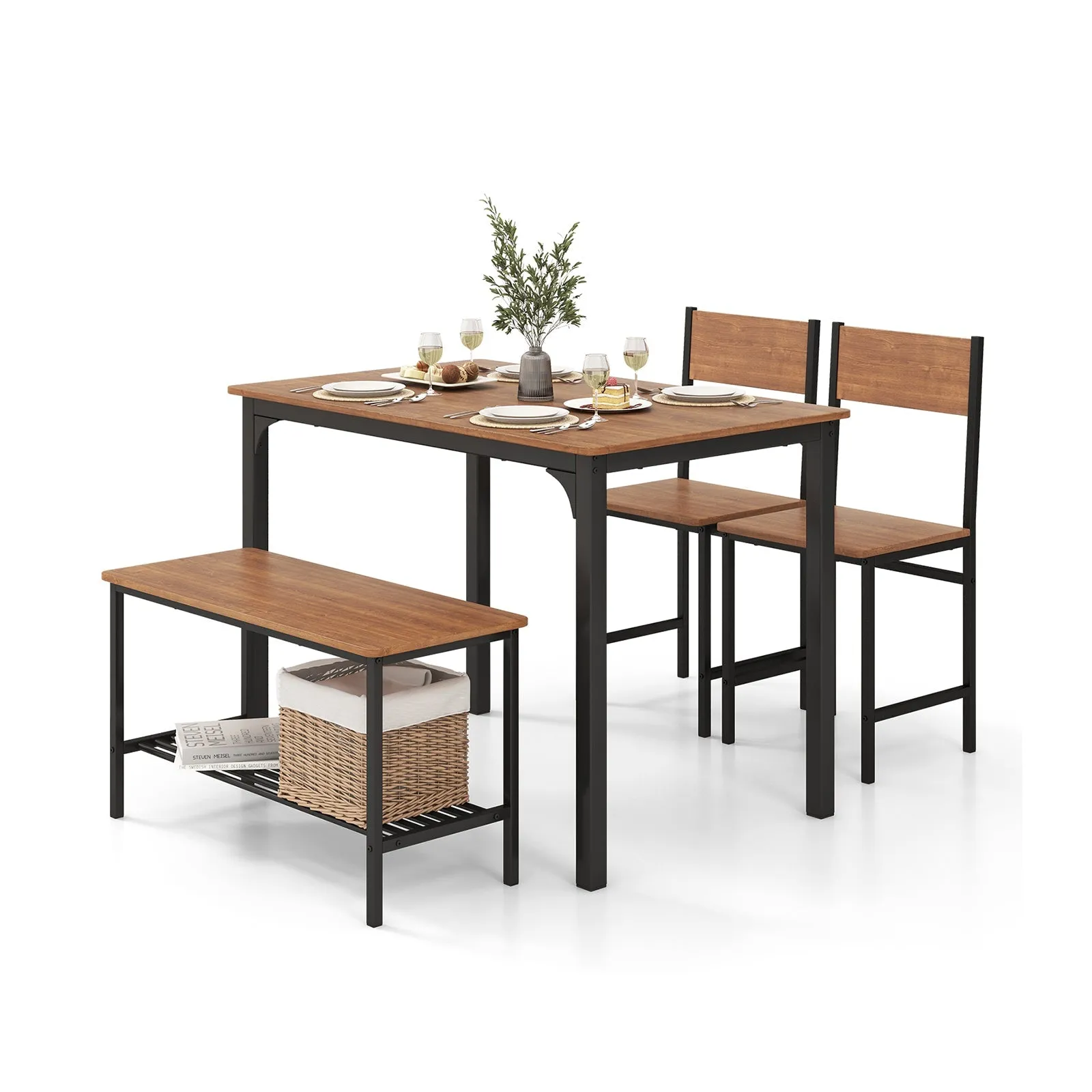 4-Piece Dining Table Set with Storage Shelf and Metal Frame-Brown