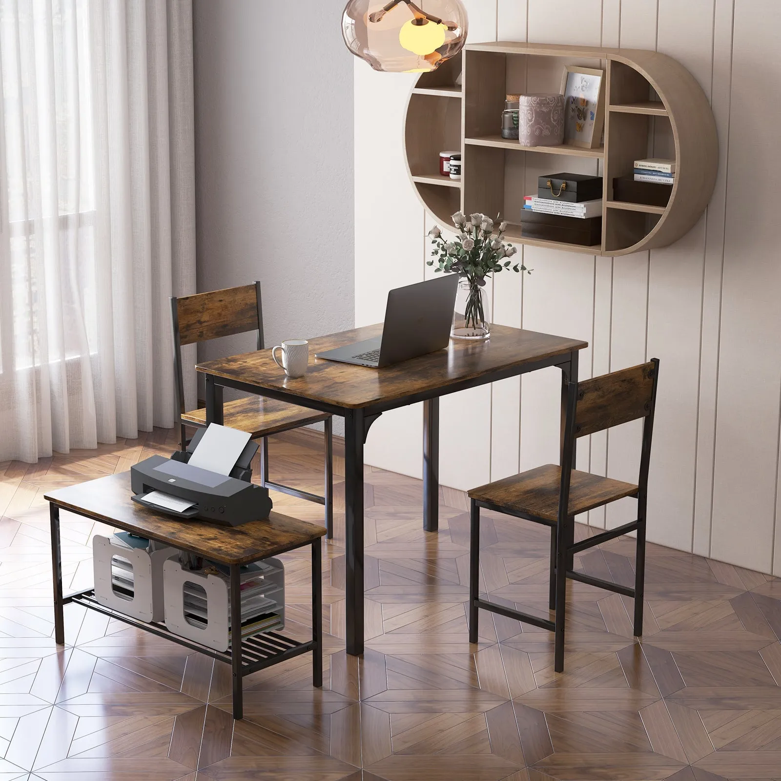 4-Piece Dining Table Set with Storage Shelf and Metal Frame-Coffee