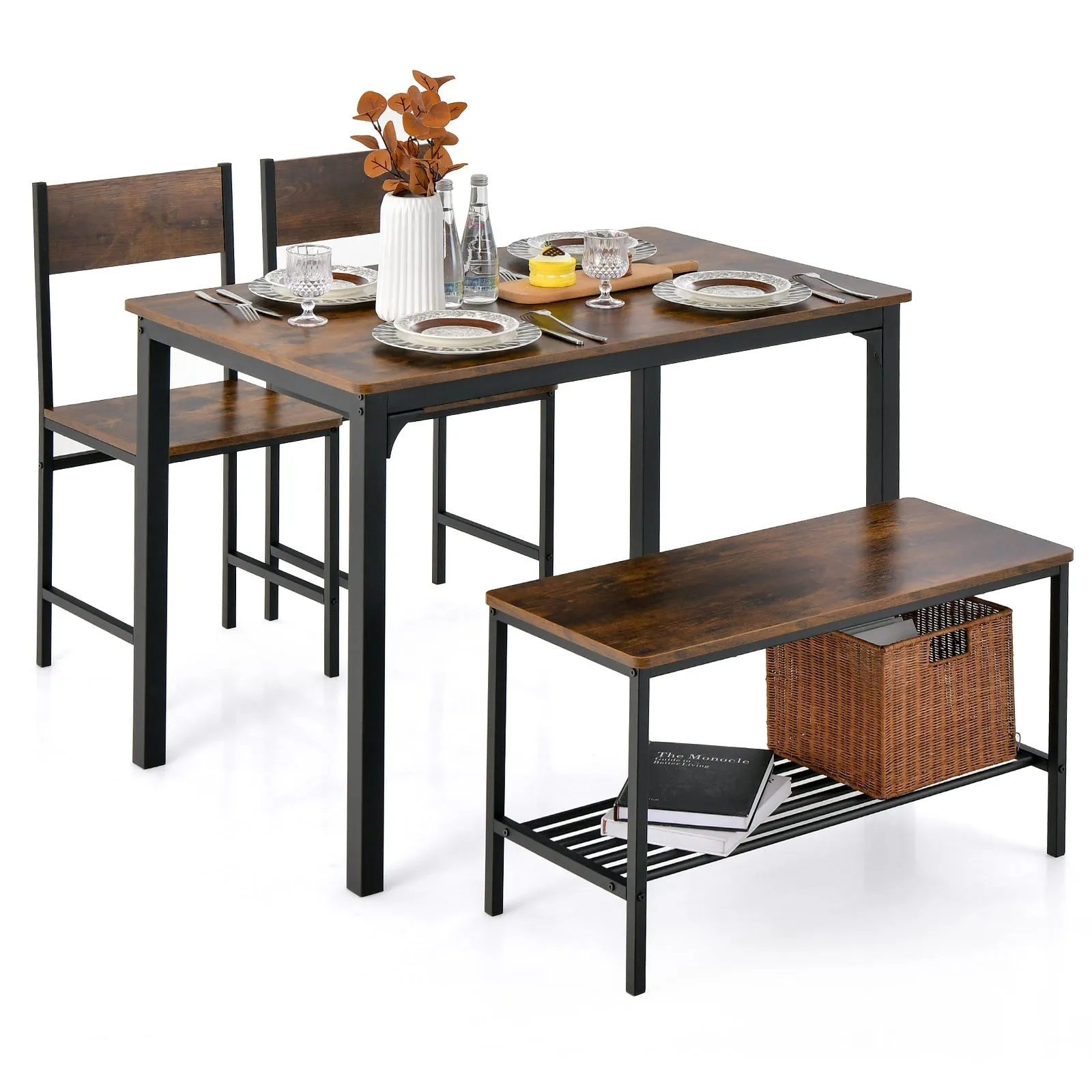 4-Piece Dining Table Set with Storage Shelf and Metal Frame-Coffee