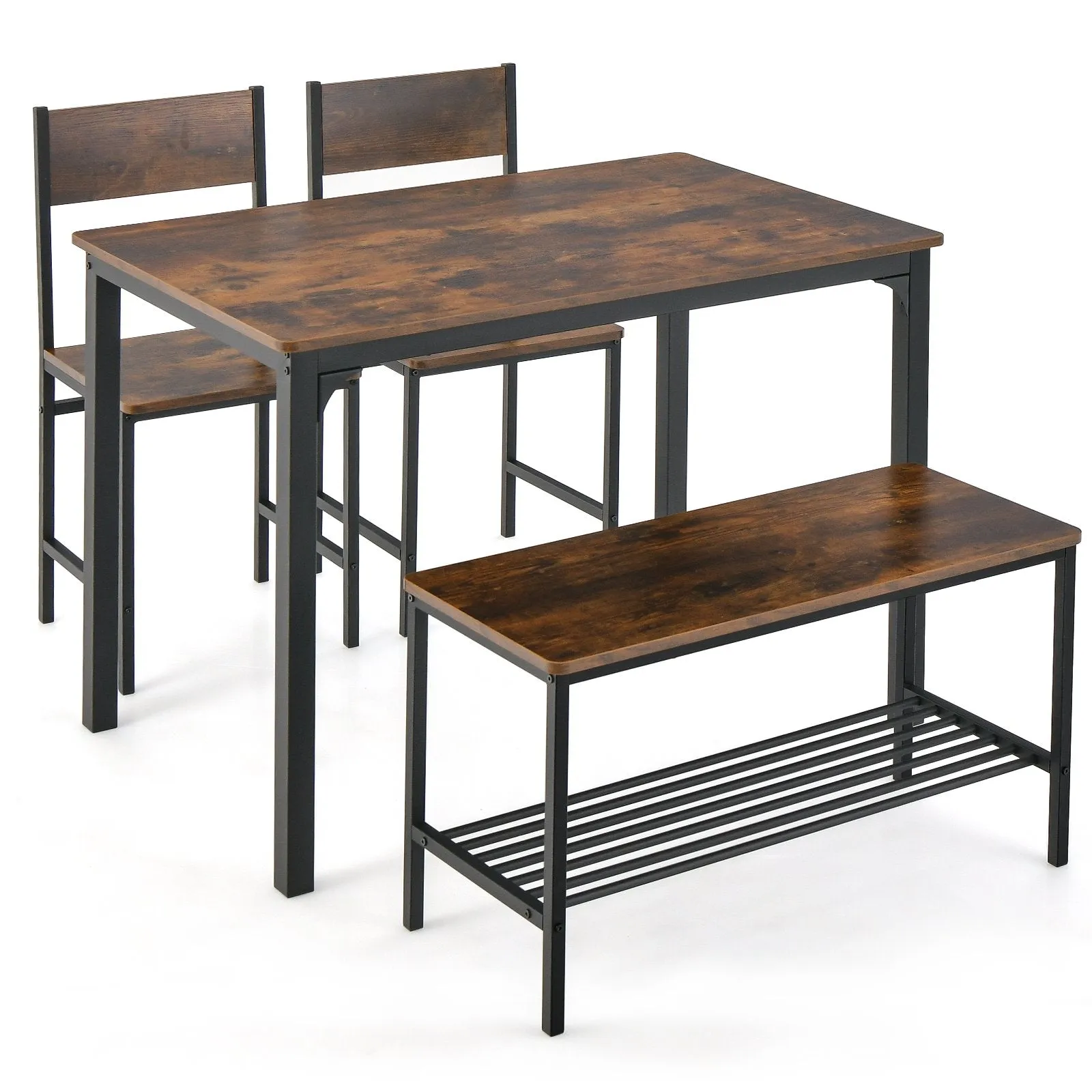 4-Piece Dining Table Set with Storage Shelf and Metal Frame-Coffee