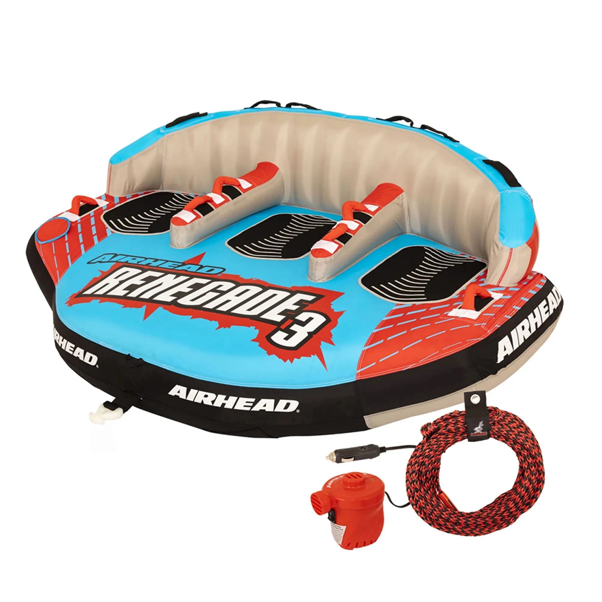 Airhead Renegade 3 Person Inflatable Towable Water Tube Kit w/ Boat Rope & Pump