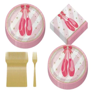 Ballerina Party Pink & Gold Ballet Dancer Pointe Shoes Paper Dessert Plates, Beverage Napkins, and Forks (Serves 16)