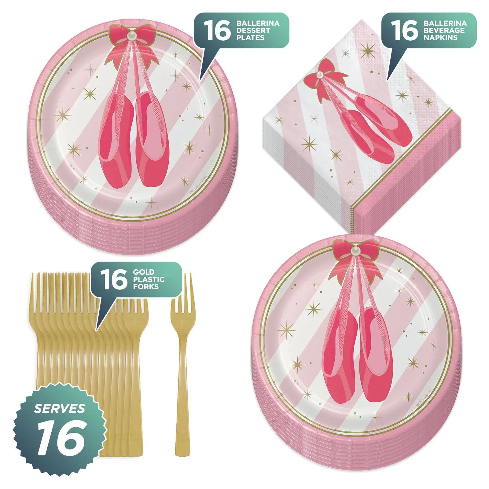 Ballerina Party Pink & Gold Ballet Dancer Pointe Shoes Paper Dessert Plates, Beverage Napkins, and Forks (Serves 16)