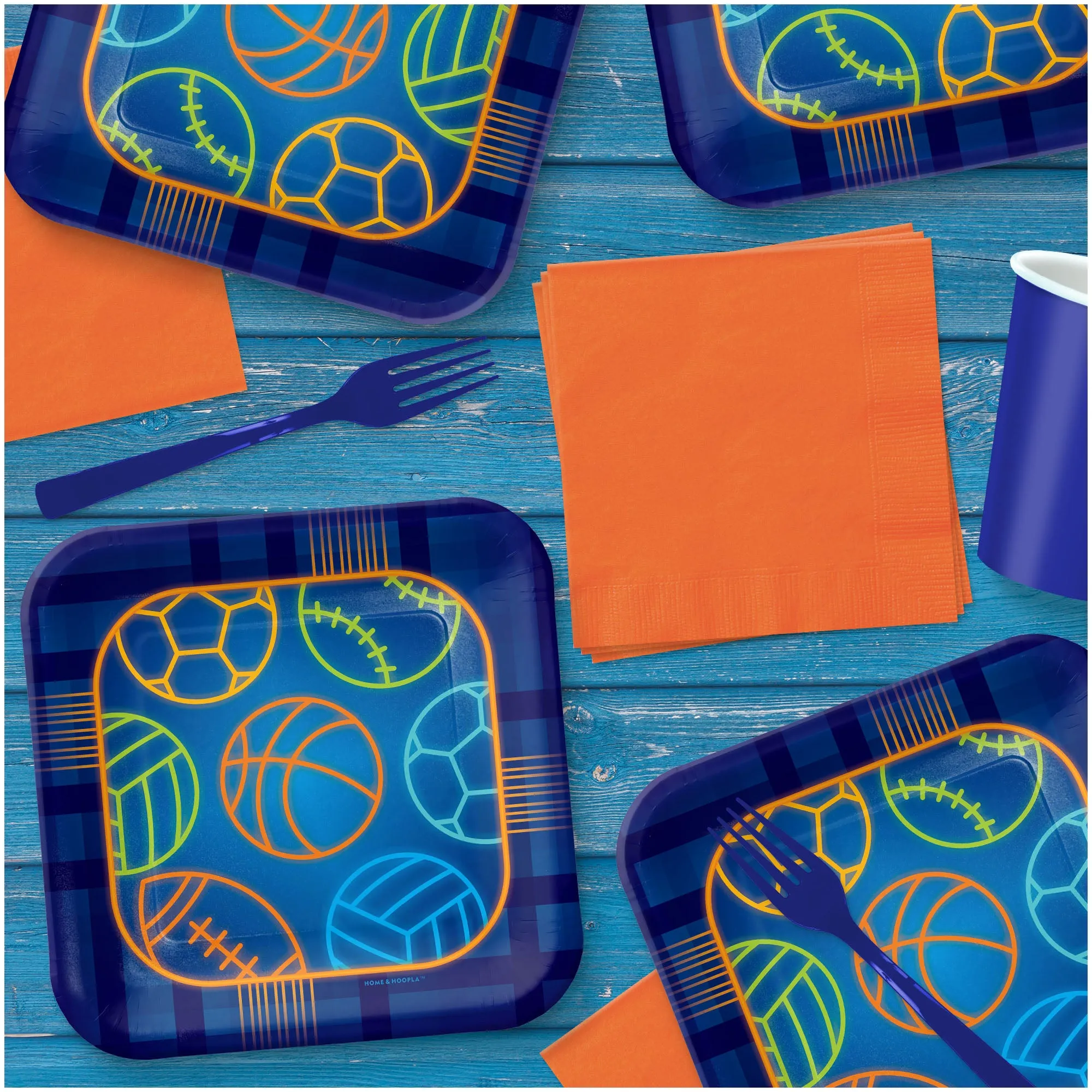 Birthday Baller Multi-Sports Party Blue Square Paper Dessert Plates & Napkins (Serves 16)