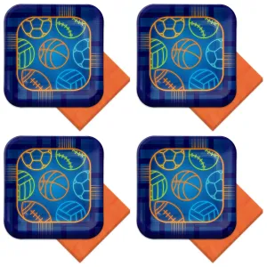 Birthday Baller Multi-Sports Party Blue Square Paper Dessert Plates & Napkins (Serves 16)