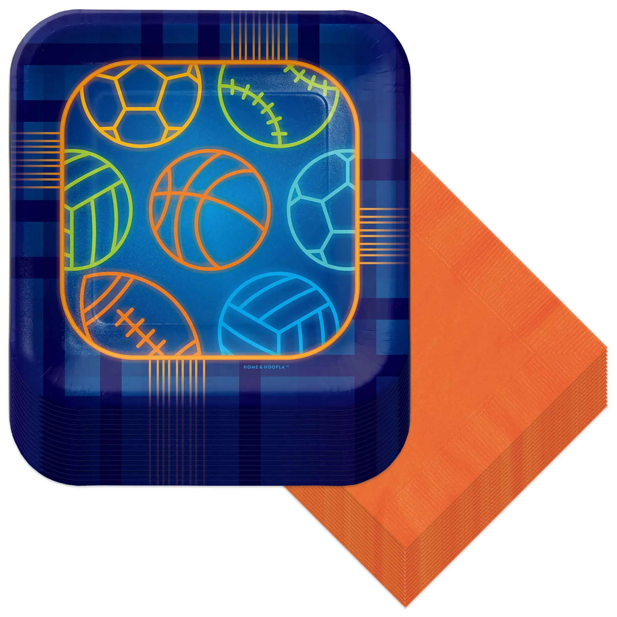 Birthday Baller Multi-Sports Party Blue Square Paper Dessert Plates & Napkins (Serves 16)