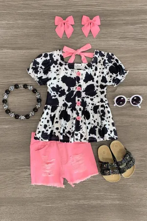 Cow Print Pink Denim Short Set