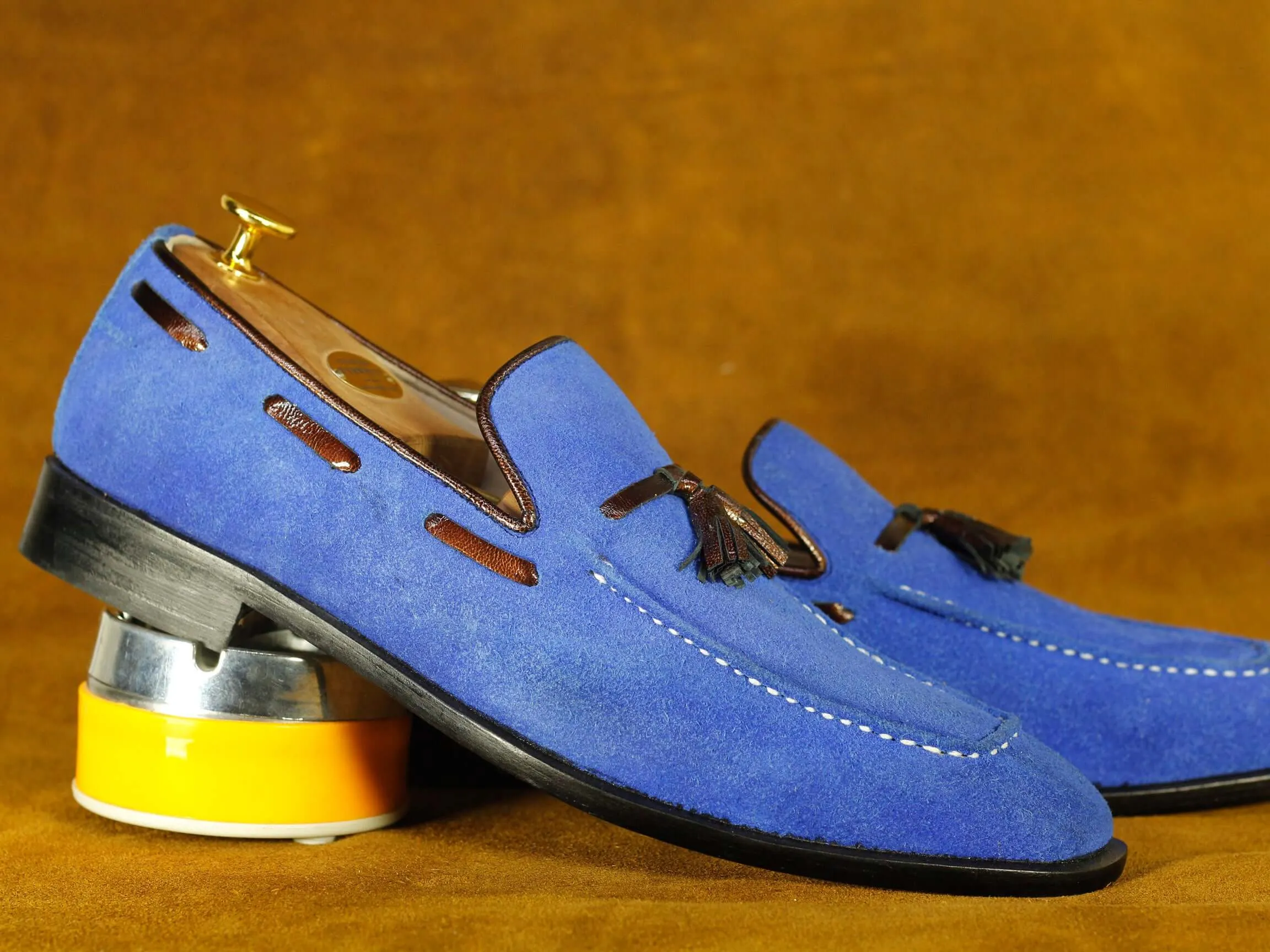 Handmade Blue Suede Tussles Shoes' Men's Formal Shoes