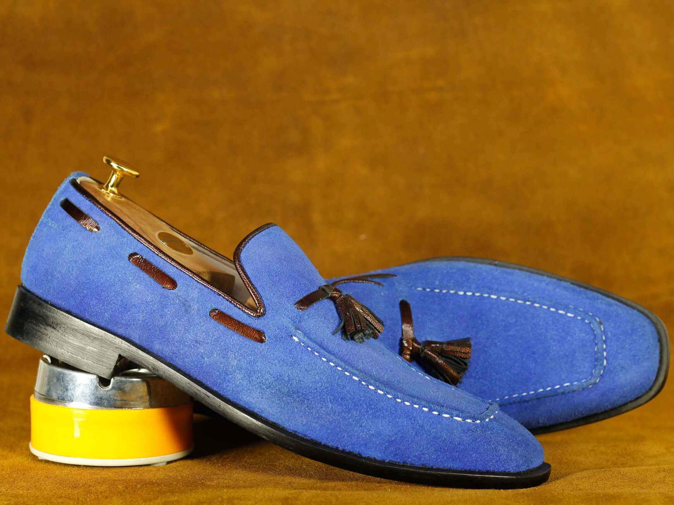 Handmade Blue Suede Tussles Shoes' Men's Formal Shoes