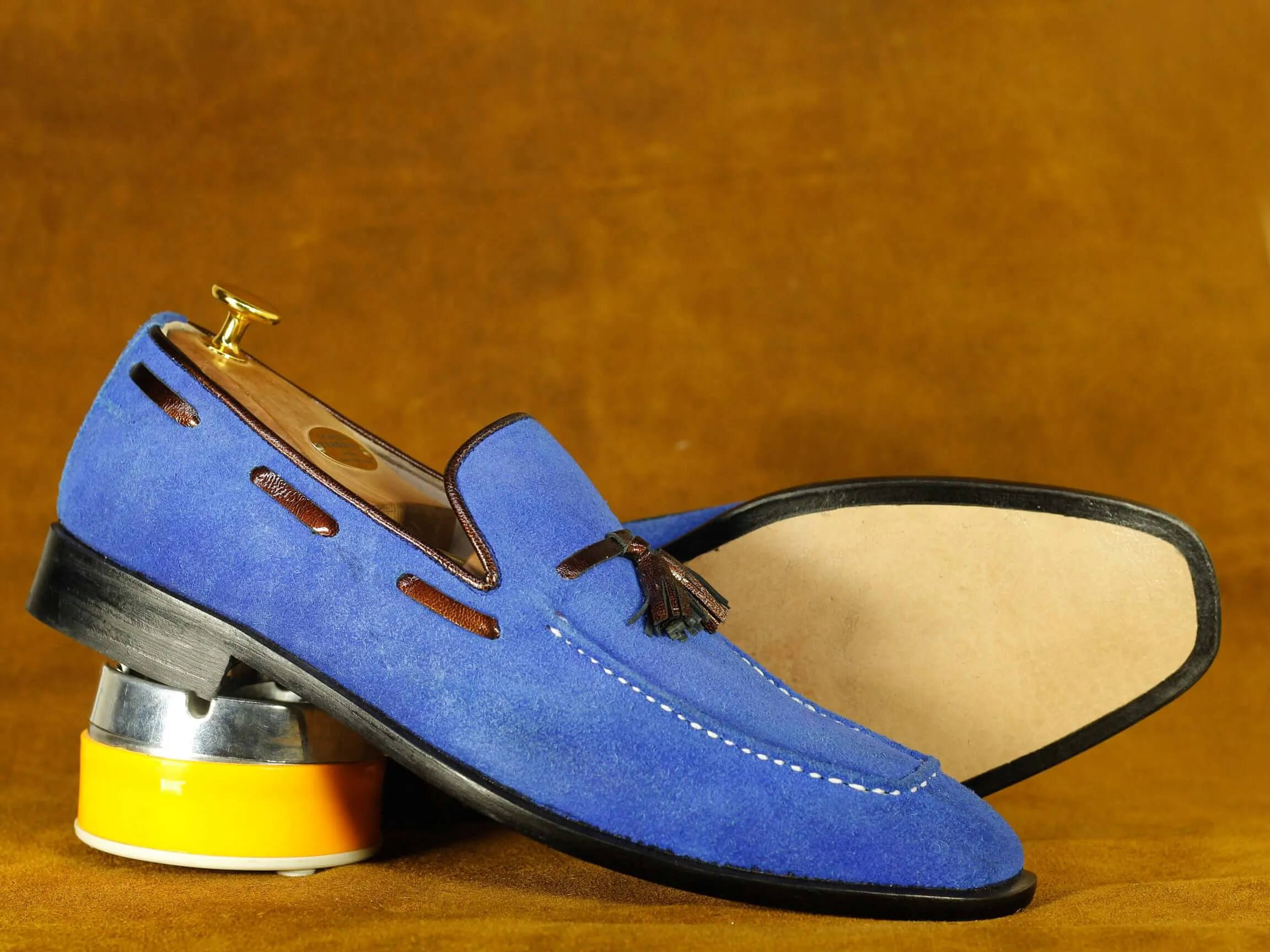 Handmade Blue Suede Tussles Shoes' Men's Formal Shoes