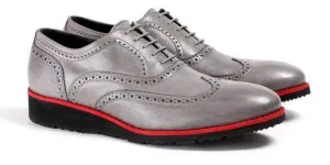 Handmade Gray Leather Wing tip Brogue Shoe