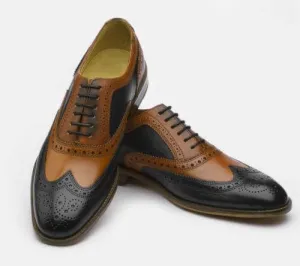 Handmade Men's Black Brown Leather Lace Up Wing Tip Shoe