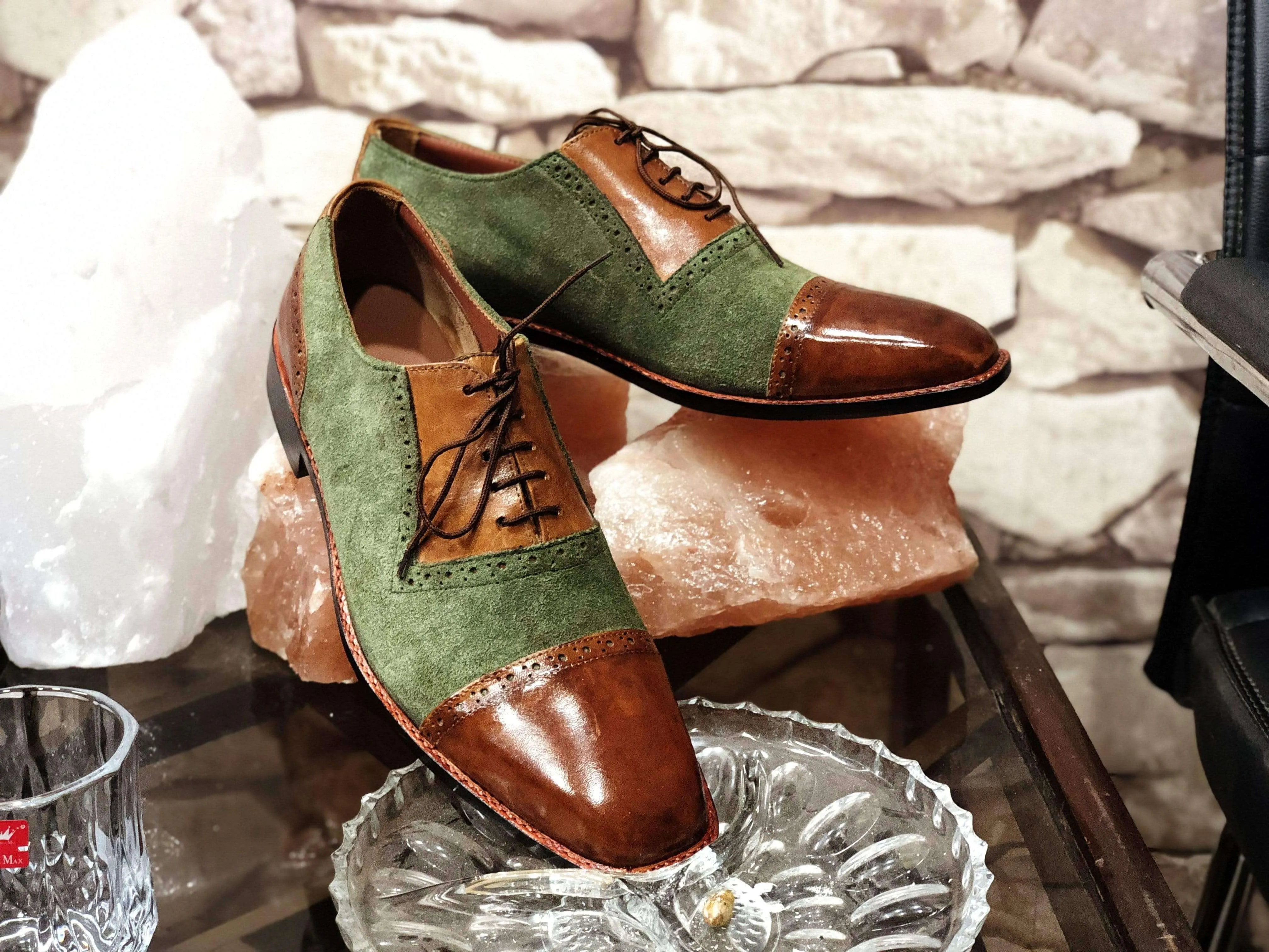 Handmade Men's Brown Green Leather Suede  Cap Toe Shoes