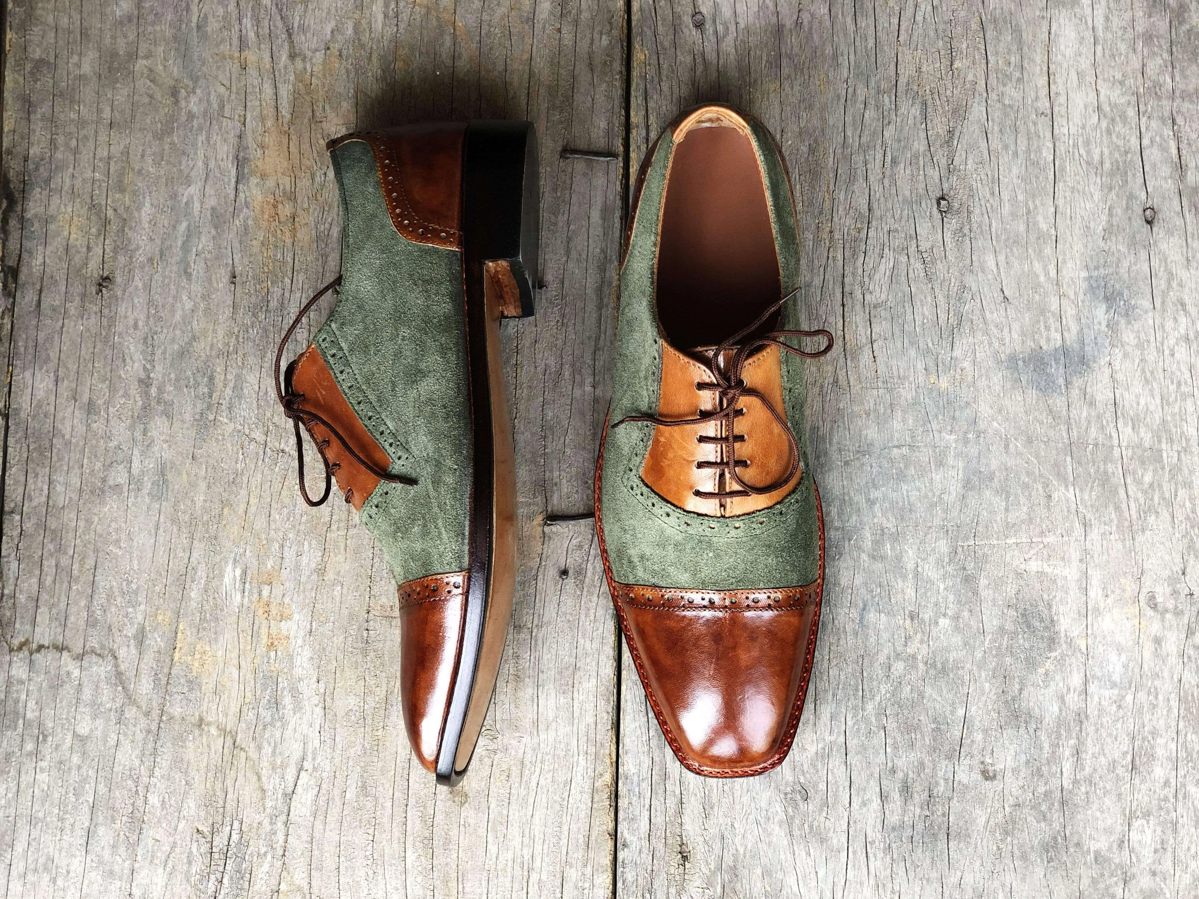 Handmade Men's Brown Green Leather Suede  Cap Toe Shoes