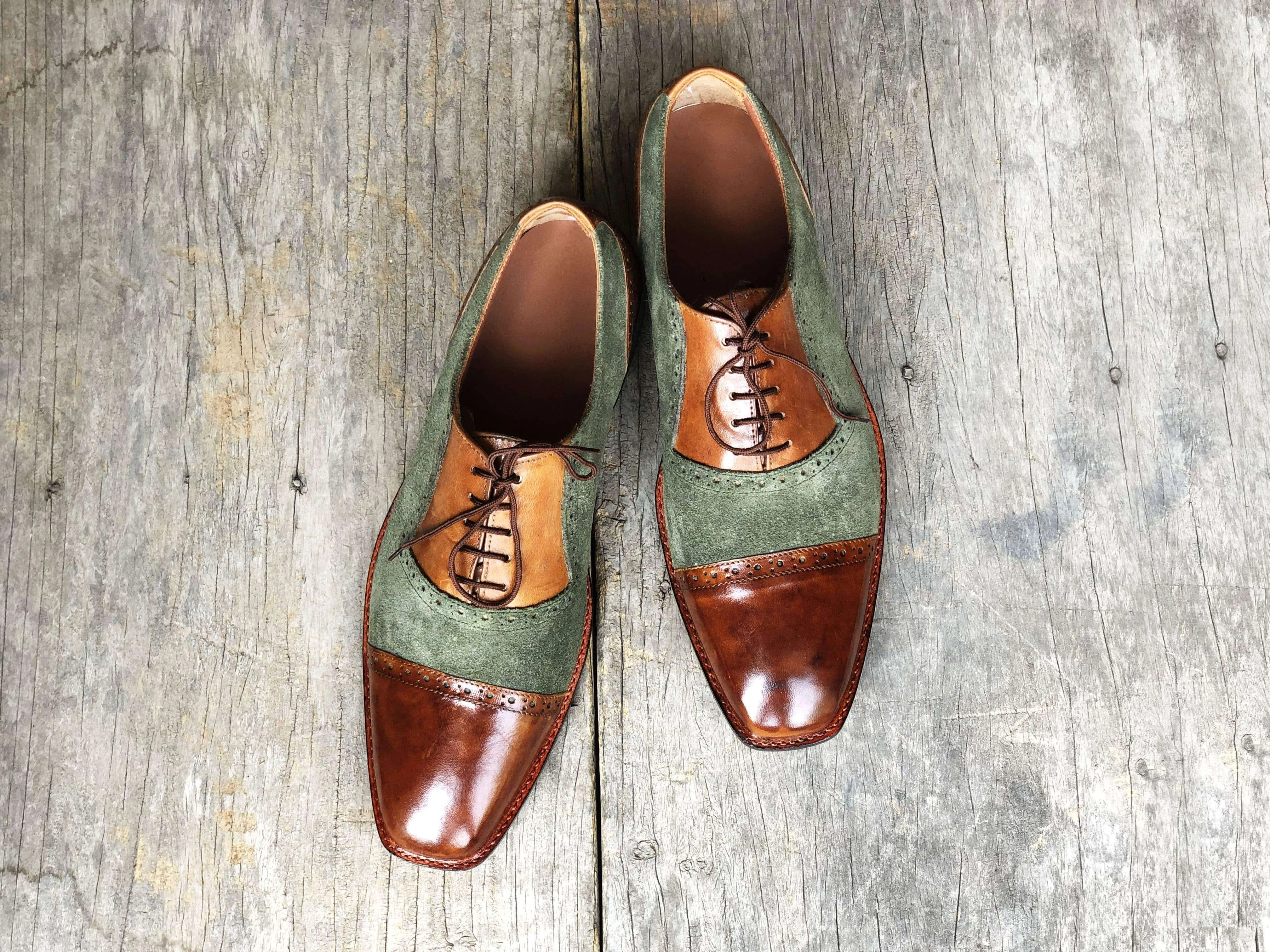 Handmade Men's Brown Green Leather Suede  Cap Toe Shoes