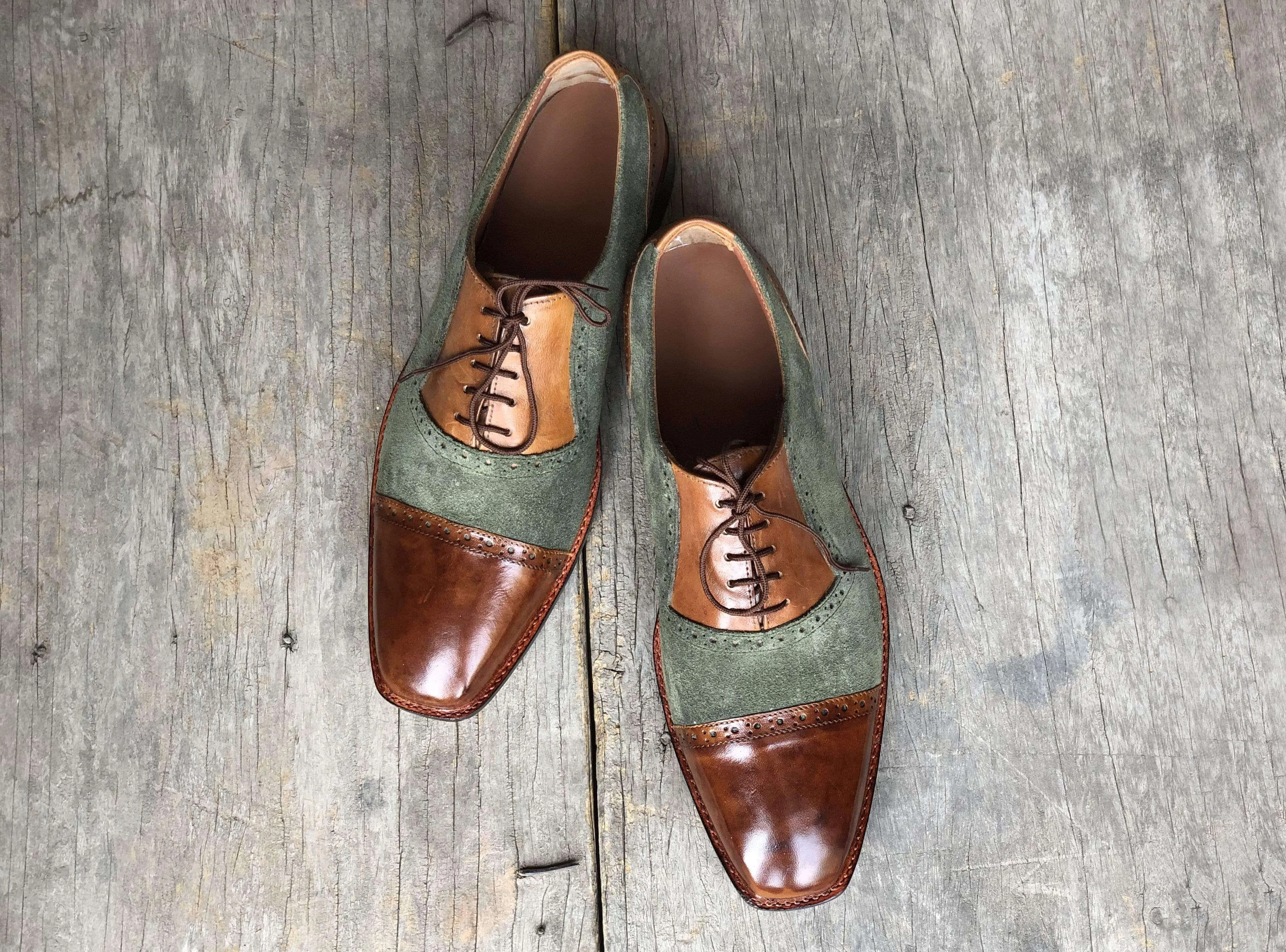 Handmade Men's Brown Green Leather Suede  Cap Toe Shoes