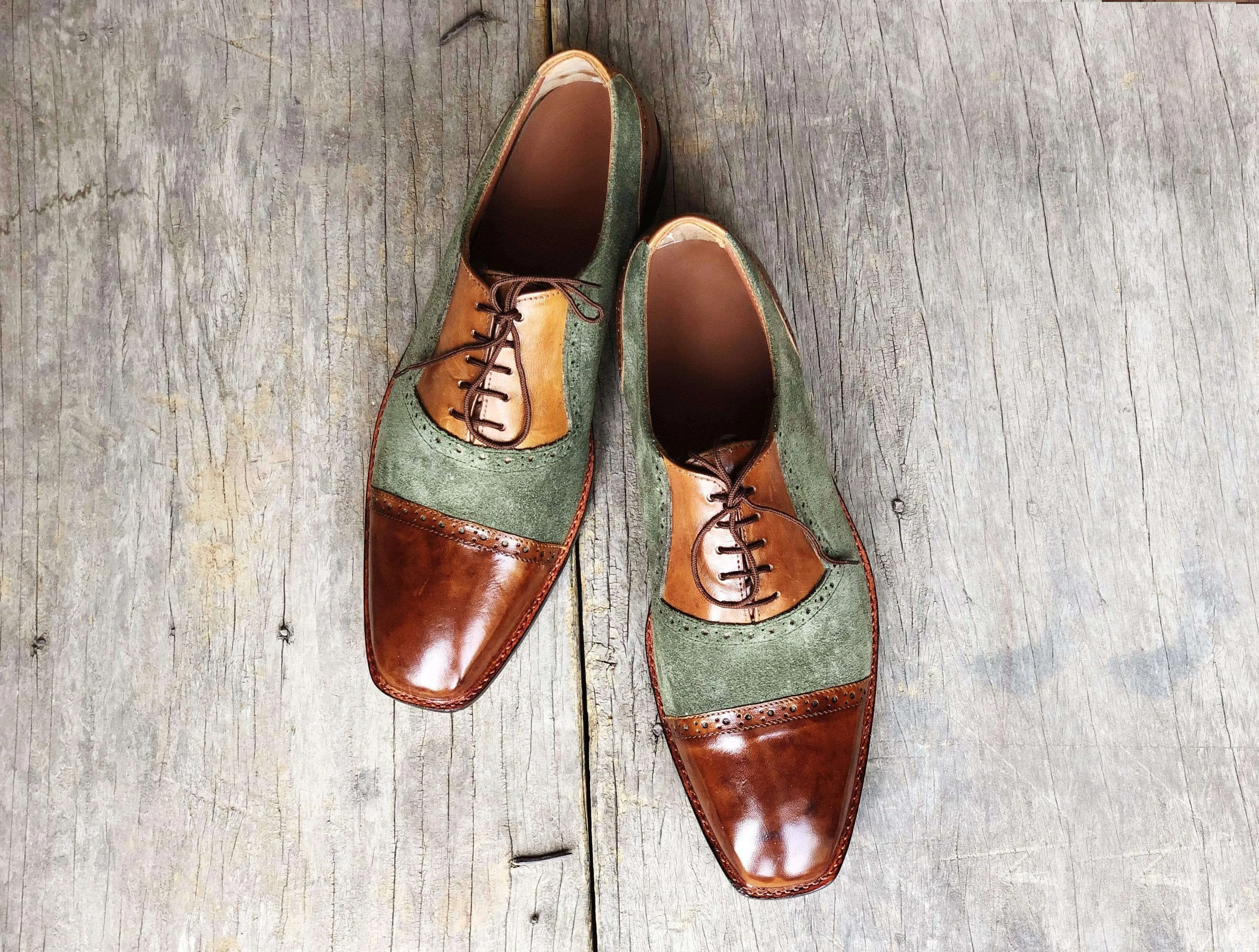 Handmade Men's Brown Green Leather Suede  Cap Toe Shoes