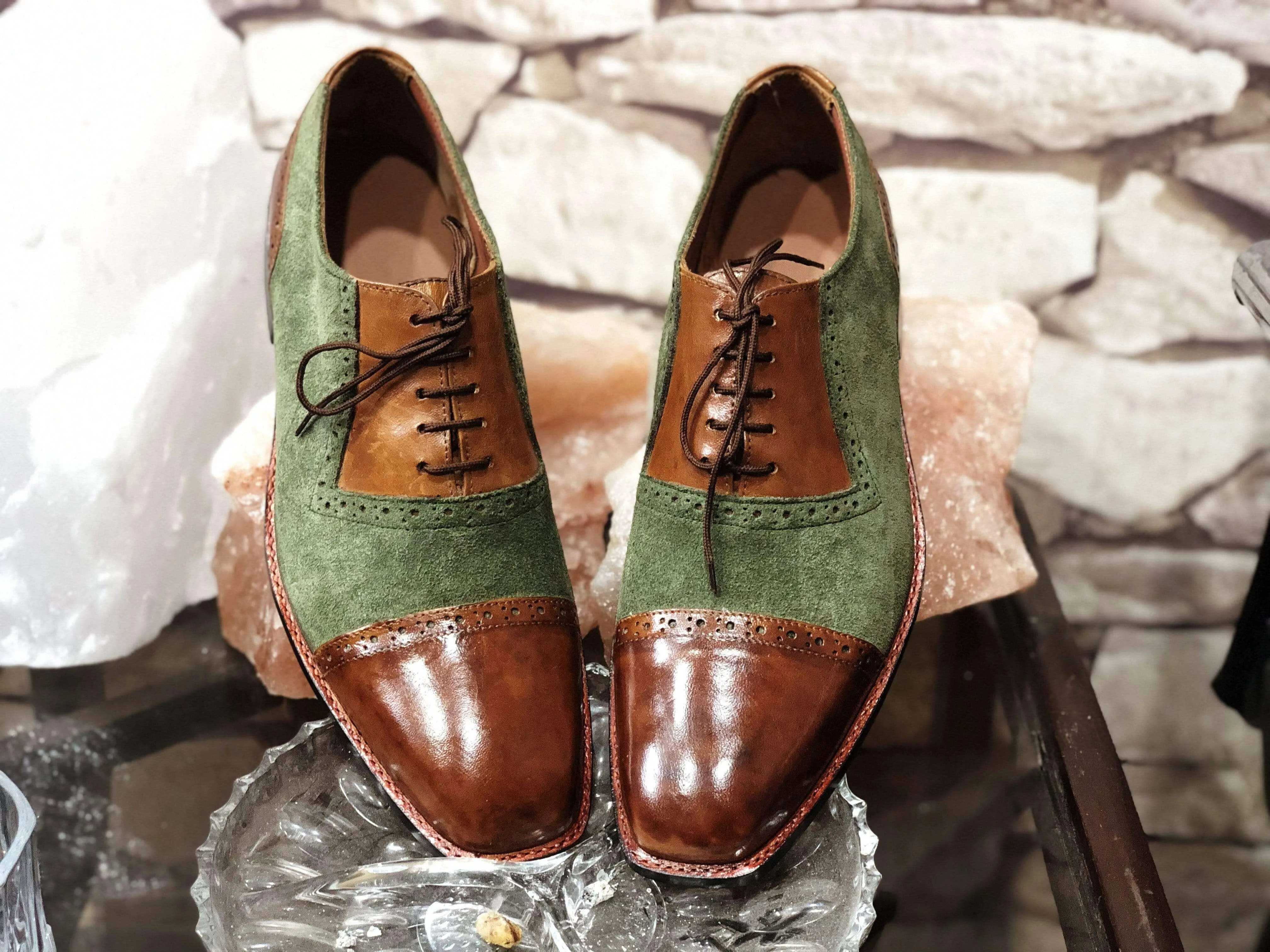 Handmade Men's Brown Green Leather Suede  Cap Toe Shoes