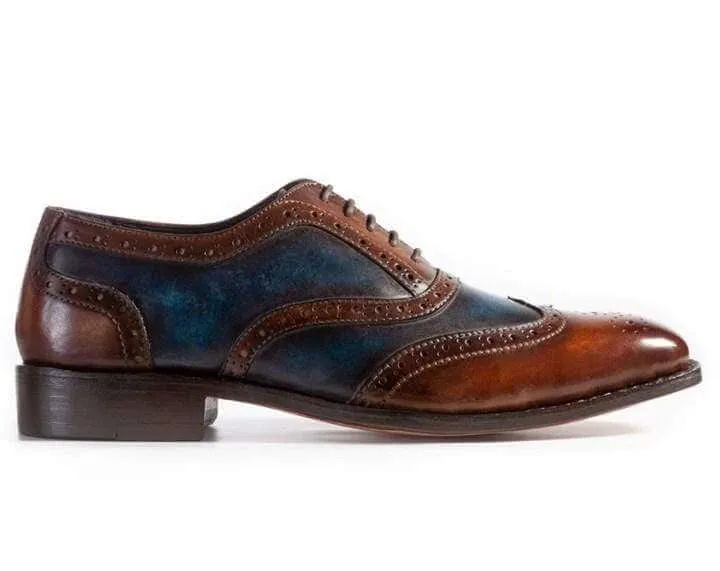 Handmade Men's Leather Wing Tip Brogue Blue Brown Shoes