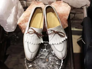 Handmade Men's White Leather Split Toe Fringe Shoes