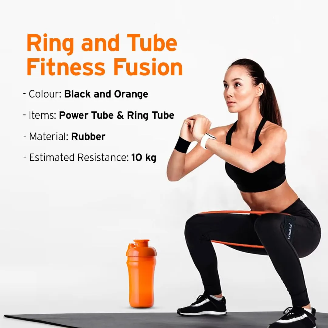 HEAD Power Resistance Tube   Ring Tube Combo - Unbreakable | Resistance: 10Kg | Gym Equipment Set for Home Workout | Stretch Bands for Workout | Gym Accessories for Men & Women | Black & Orange - 2Pcs