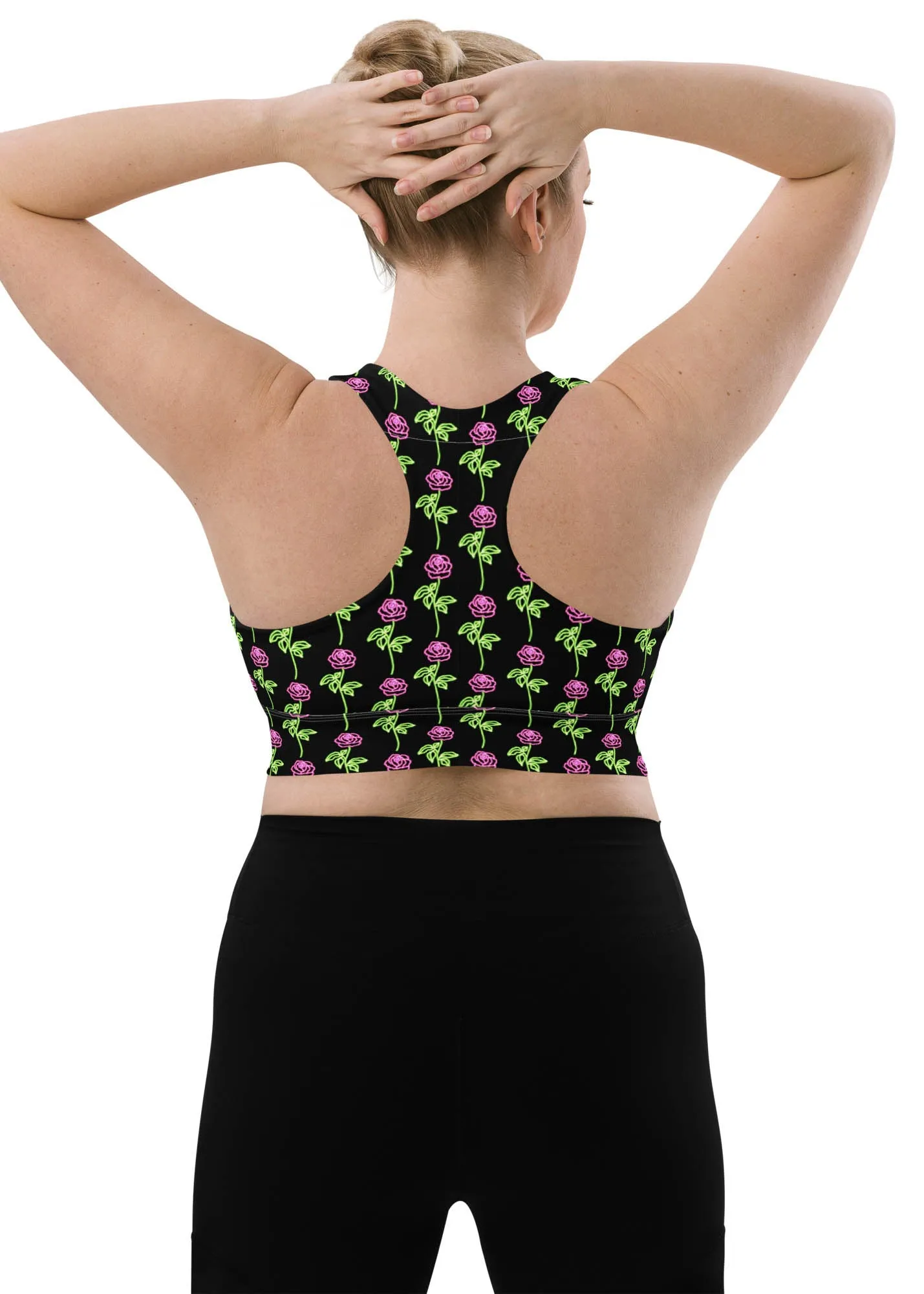 Longline sports bra - Neon Rose - Black