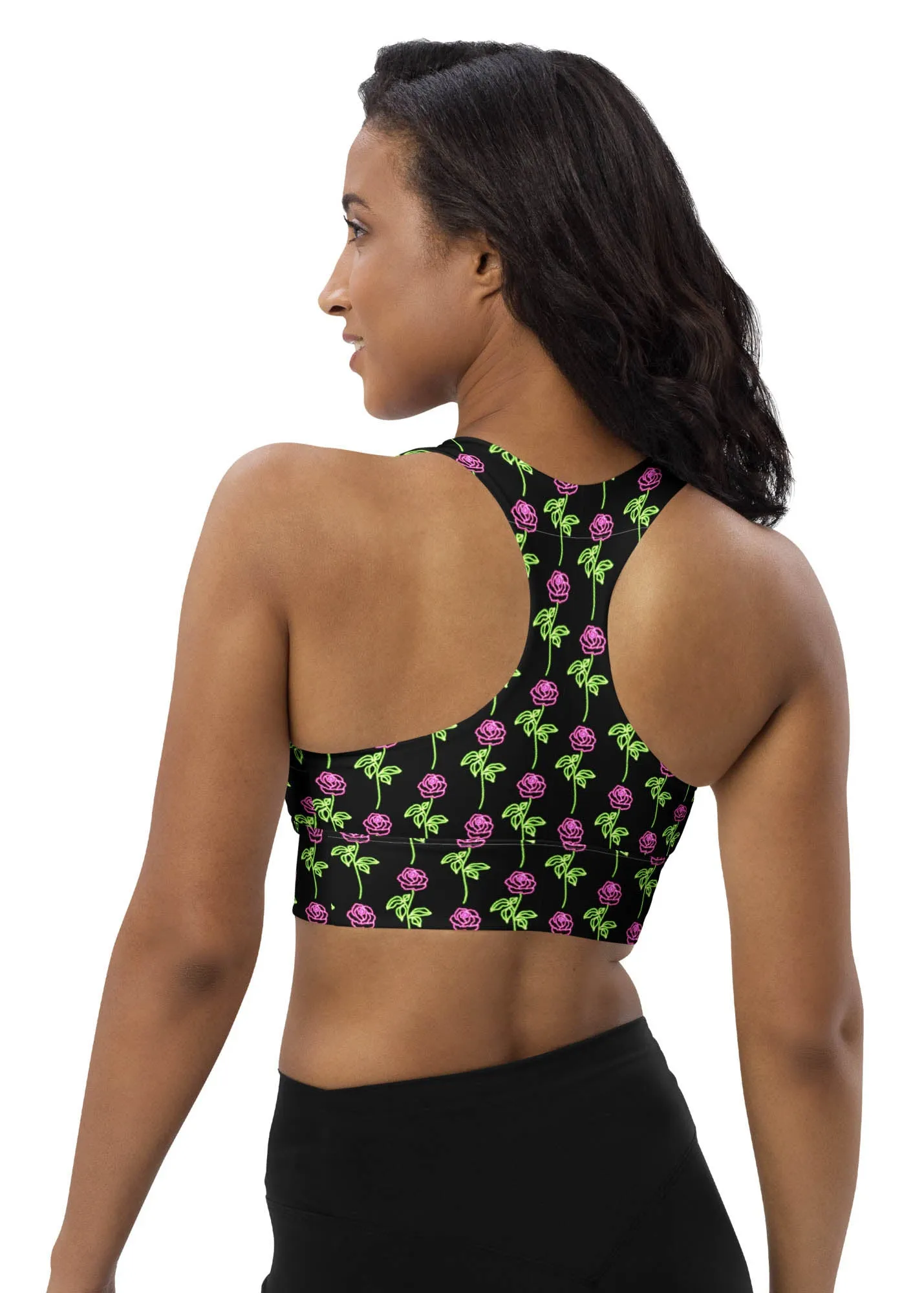 Longline sports bra - Neon Rose - Black