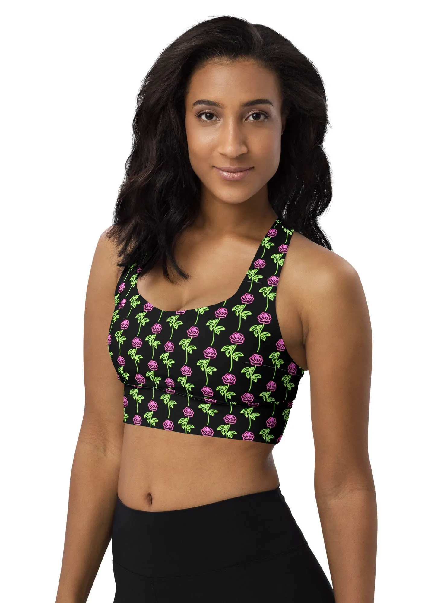 Longline sports bra - Neon Rose - Black