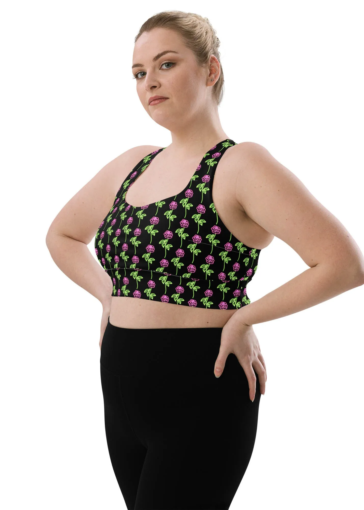 Longline sports bra - Neon Rose - Black