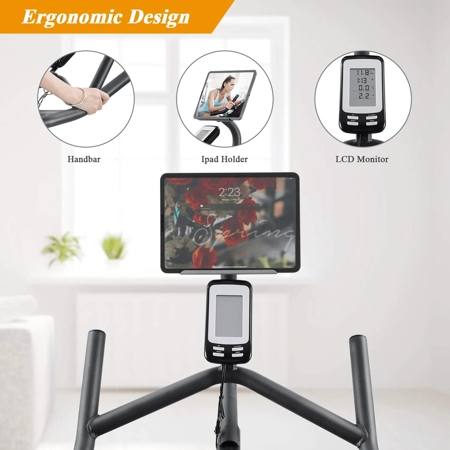 Magnetic Cycling Bike, Multi-function Handle Stationary Bike with Independent Tablet Holder and LCD Monitor