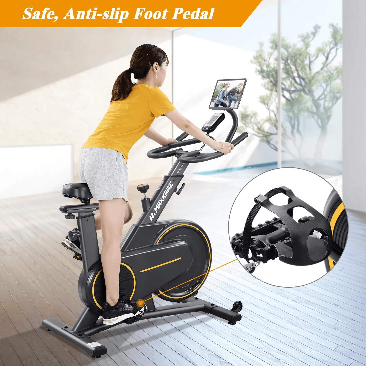 Magnetic Cycling Bike, Multi-function Handle Stationary Bike with Independent Tablet Holder and LCD Monitor