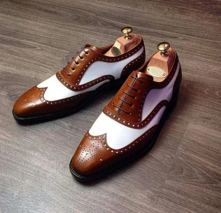 Men's Brown White Leather Lace Up  Wing Tip Brogue Shoes