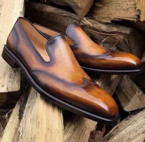 Men's Cognac Color Slip On Wing Tip Shoes