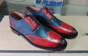 Men's Leather Blue Red Wing Tip Brogue Lace Up Shoes