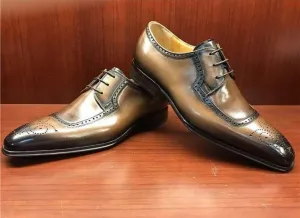 Men's Leather Brown Black Brogue Square Toe Shoes