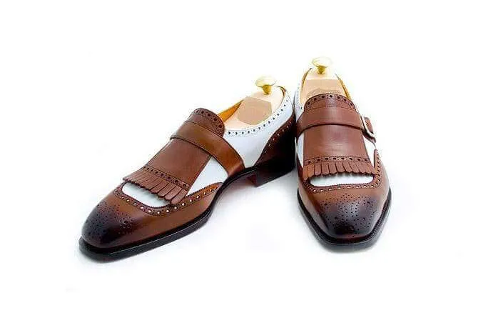 Men's Leather Monk Strap Brown White Fringe Brogue Shoes