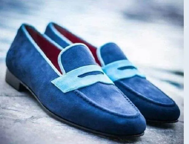 Men's Suede Penny Loafers Blue Slip On Moccasin Shoes