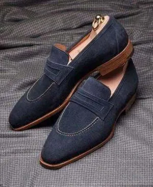 Men's Suede Penny Loafers Navy Blue Slip On Moccasin Shoes