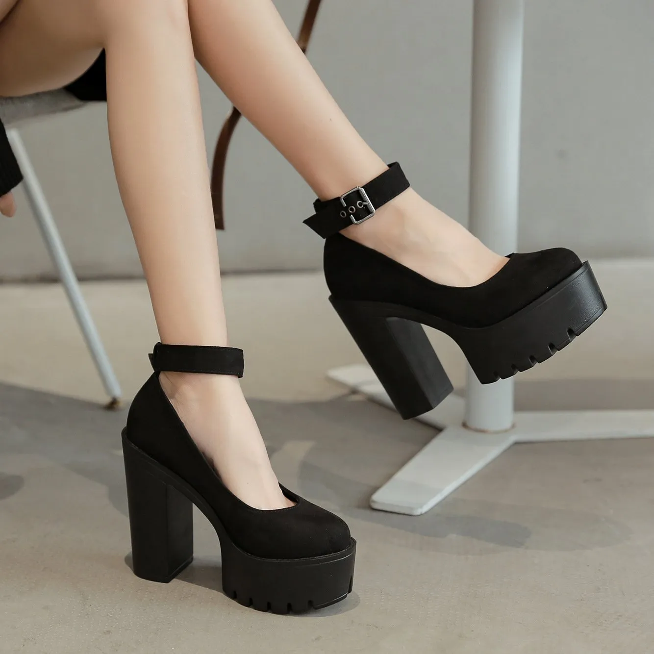 Minimalist Ankle Strap Chunky Pumps