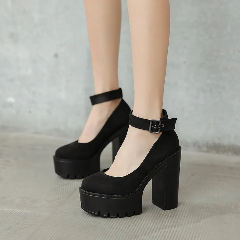 Minimalist Ankle Strap Chunky Pumps