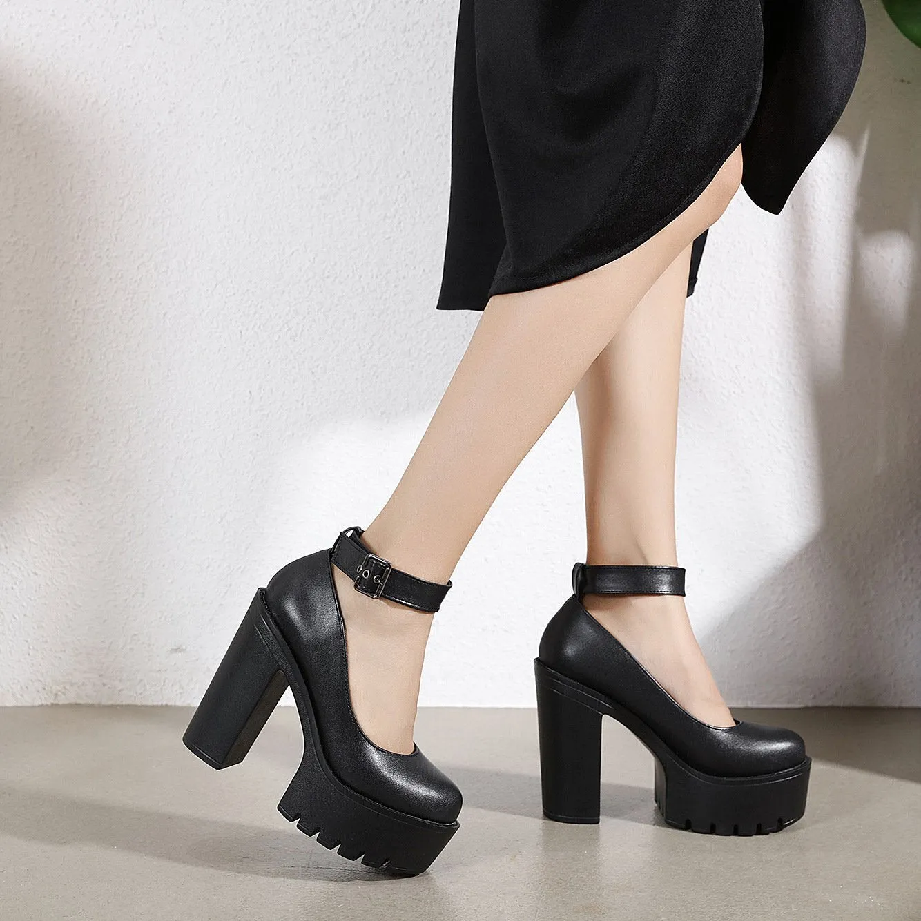 Minimalist Ankle Strap Chunky Pumps