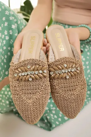 Modafırsat Women's Straw Front Closed Detailed Stylish Slippers